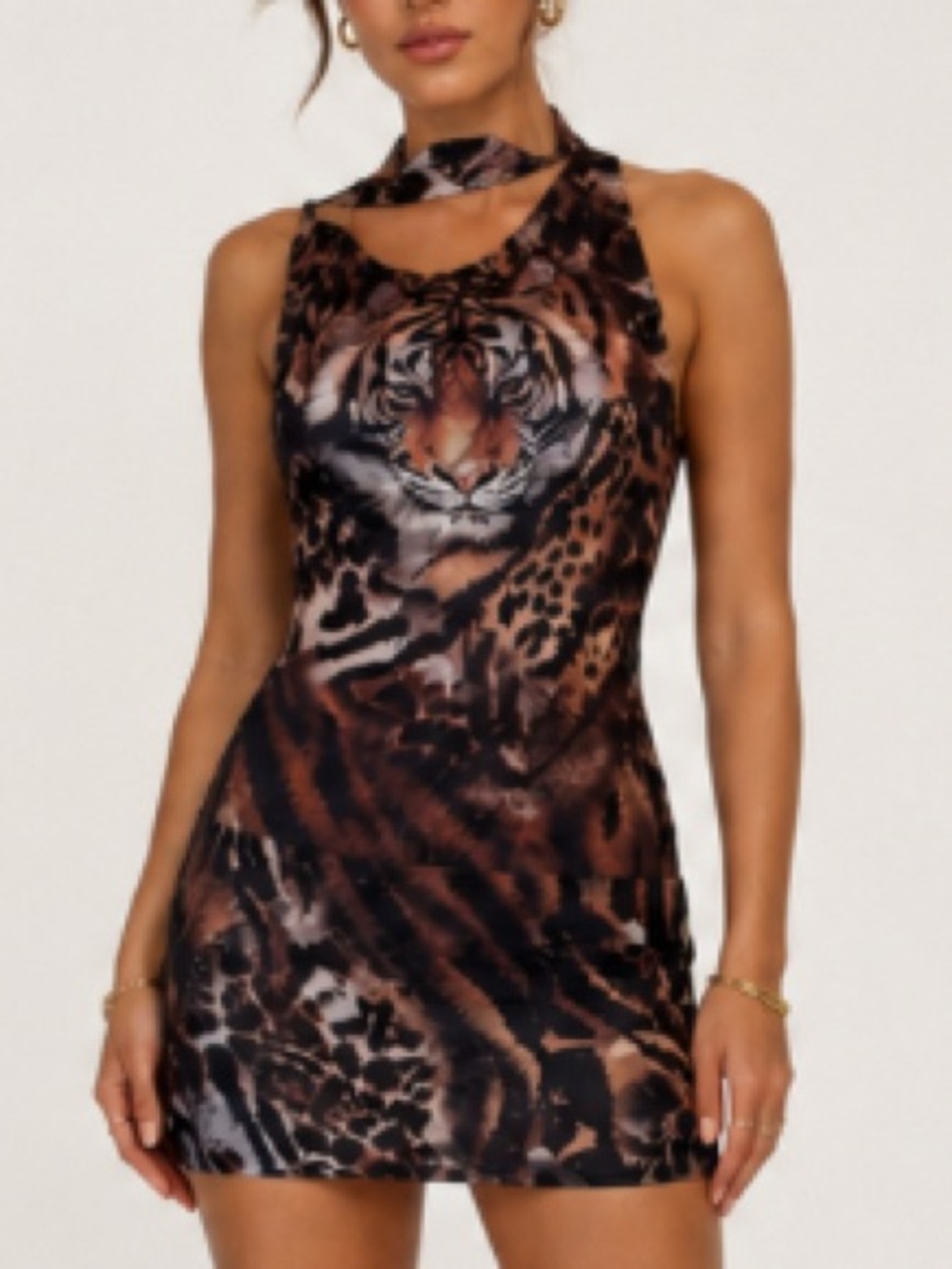 Tiger Print Halter Mini Dress in Brown